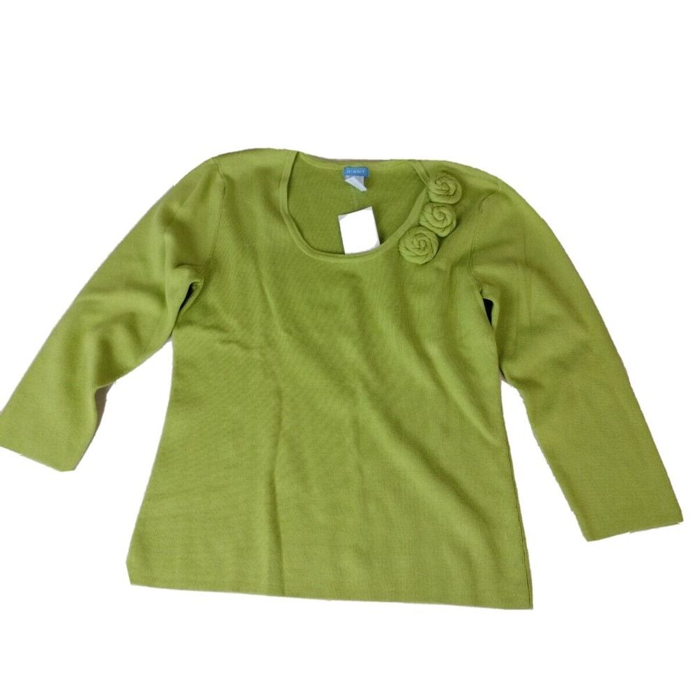 Lime Green Silk Blend Women's Sweater Knit Stretch Embellished with Roses Size L